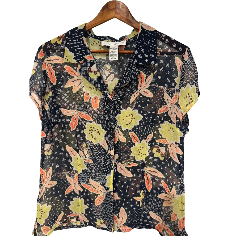 Sag Harbor Button Down Blouse Womens 14 Navy Floral Sheer Chiffon Excellent Boho